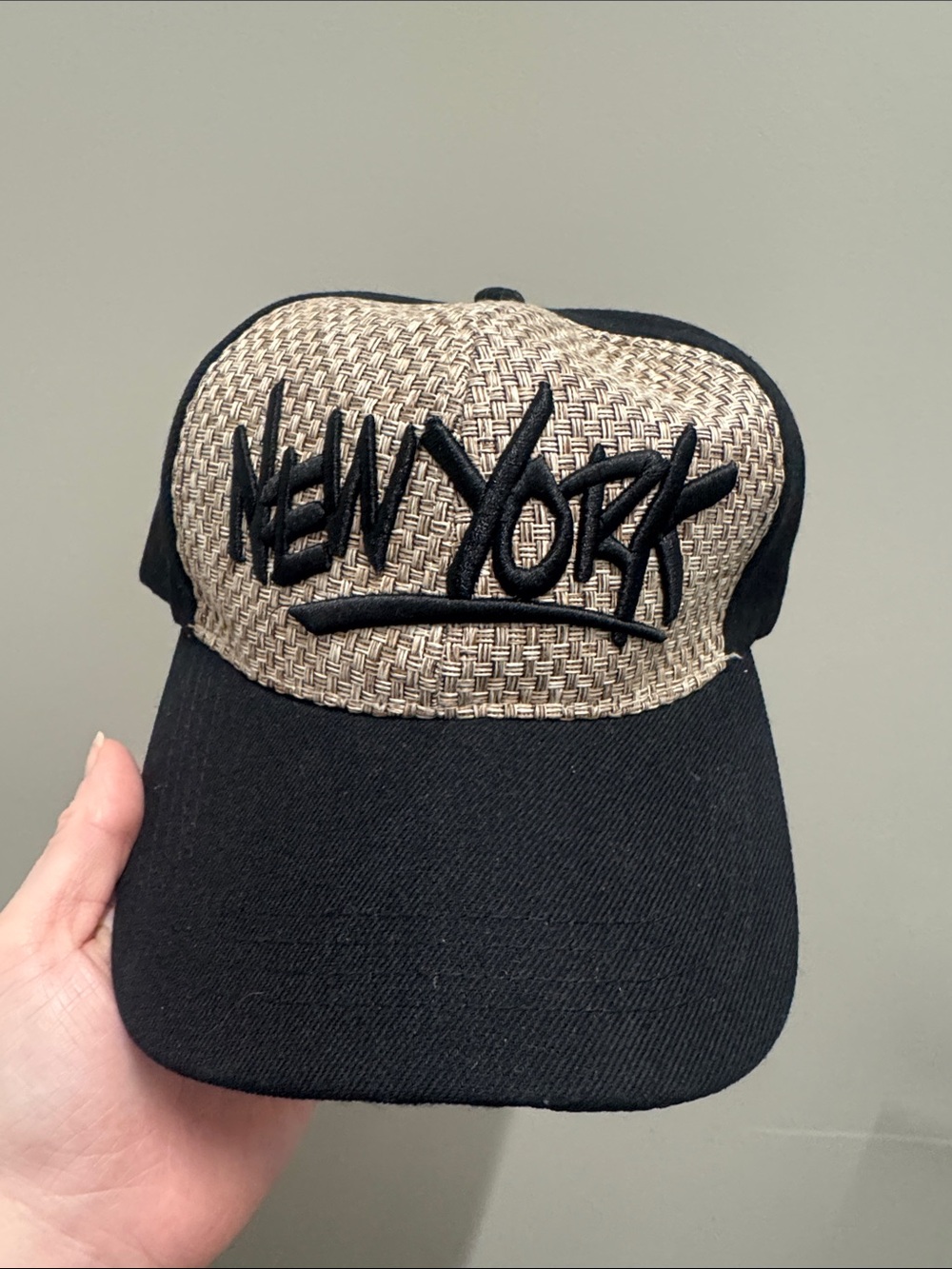 New York Embroidered Straw-Panel Baseball Cap - Black & Beige